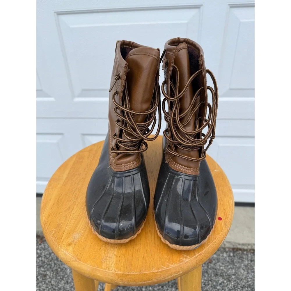 Sporto Ariel Duck Boots Womens 6.5M Brown Black Plaid Lined Lace Up Rain Snow